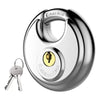 A close-up view of a heavy duty stainless steel disc padlock and key.