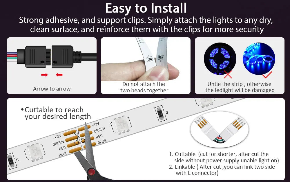An RGB LED strip light with various colored LEDs and clips for secure installation on a surface.