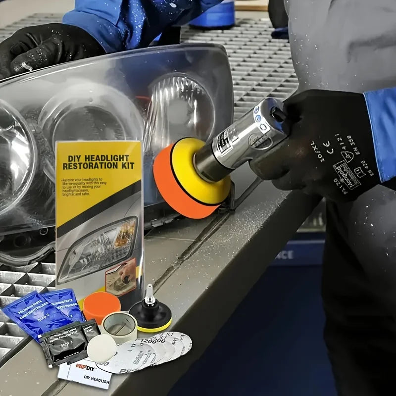 A hand is using a tool to restore a car headlight, with various kit components visible on a workbench.
