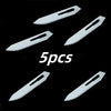 Five silver portable utility folding knives laid out against a black background.