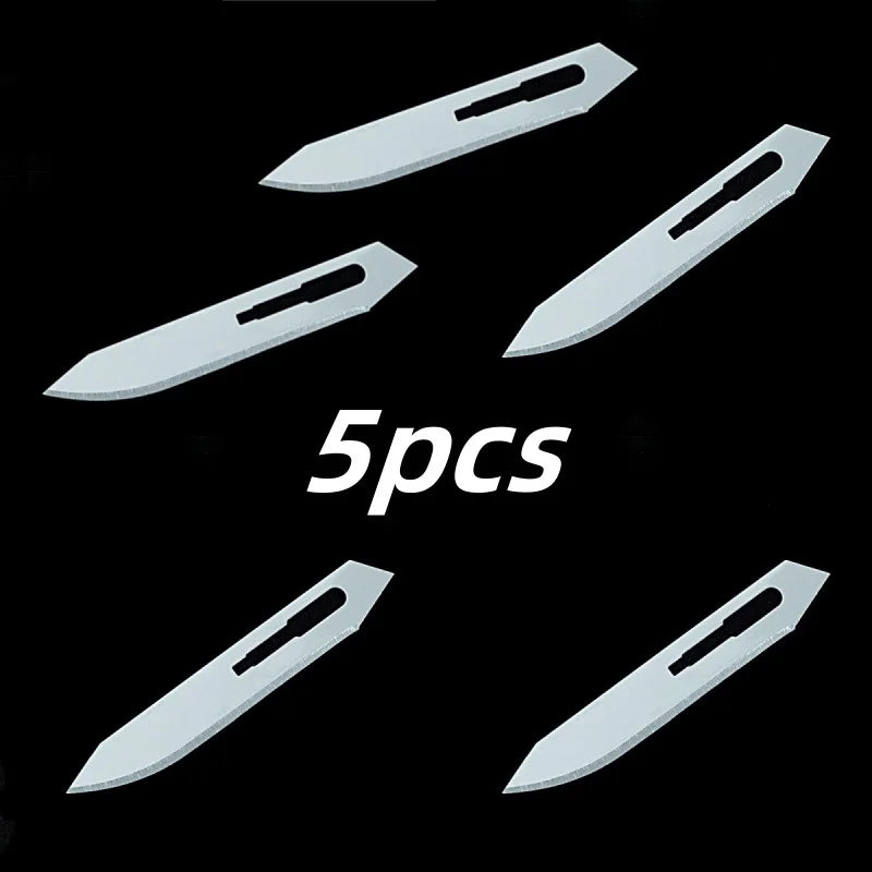 Five silver portable utility folding knives laid out against a black background.