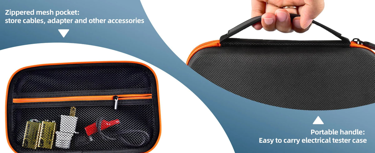 A hand holds an orange zippered mesh pocket storage case for electrical testing tools.
