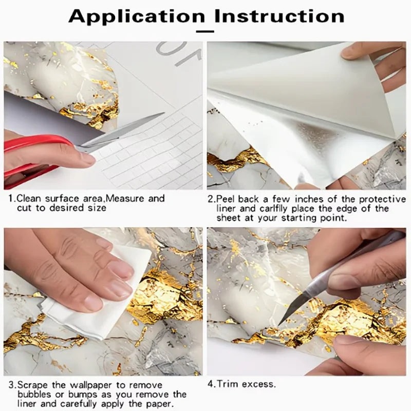 Application instructions showing how to peel and trim a sheet of self-adhesive golden marble decor film