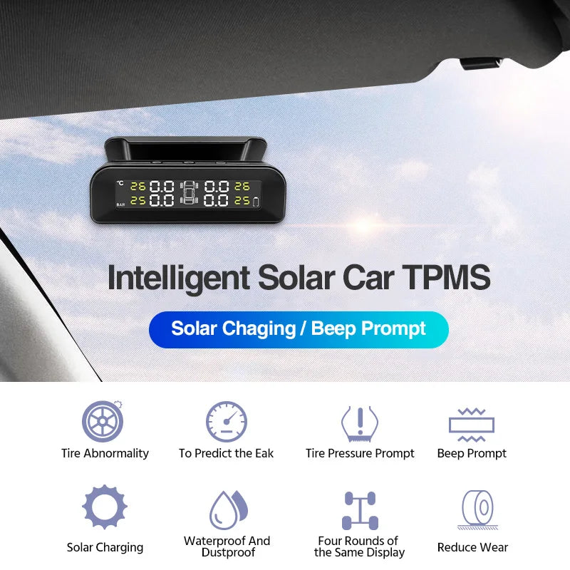 An intelligent solar car TPMS device is shown on a vehicle's interior panel with features like solar charging and beep prompt