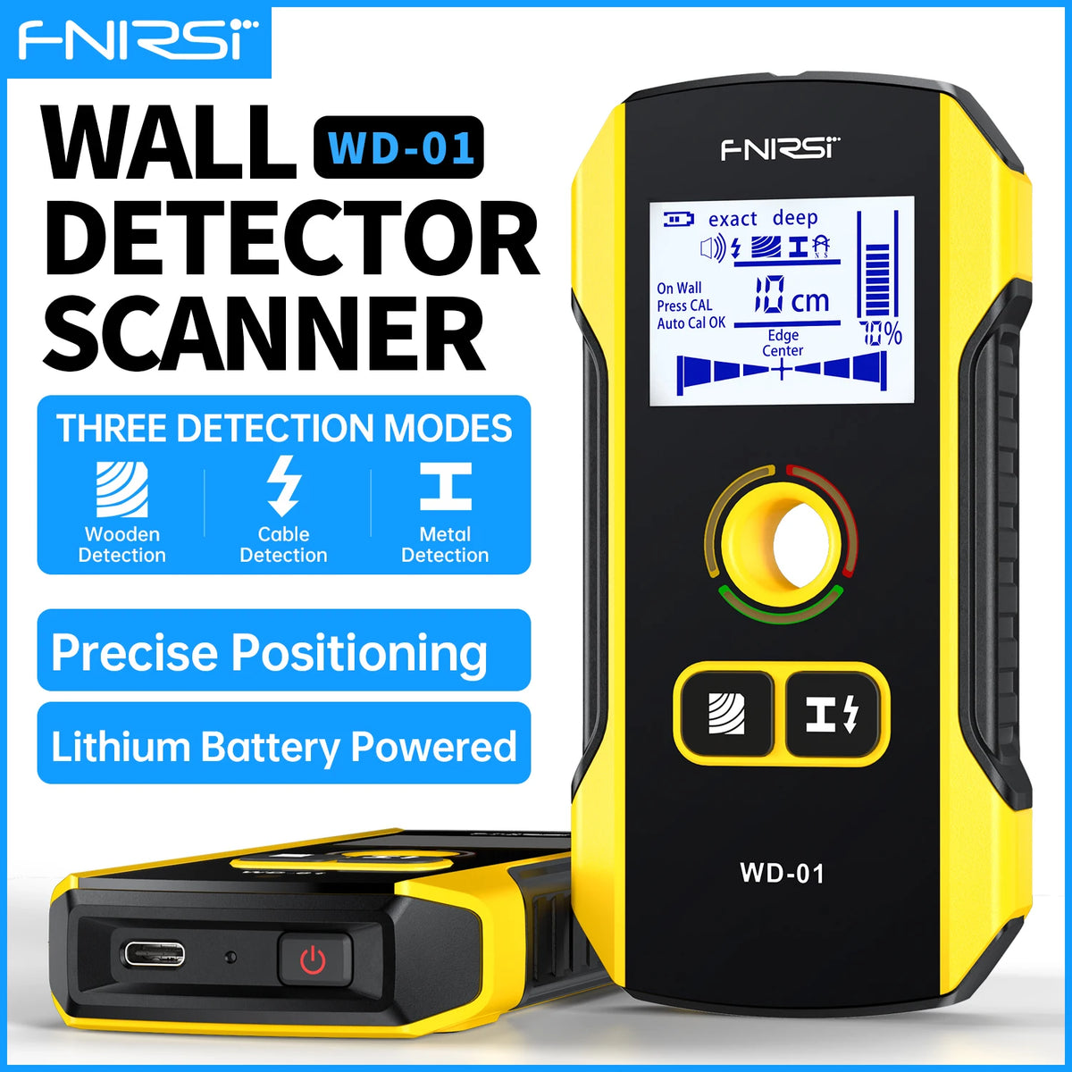 A yellow and black F-NIRS Wall Detector Scanner device with a battery pack shown next to it.