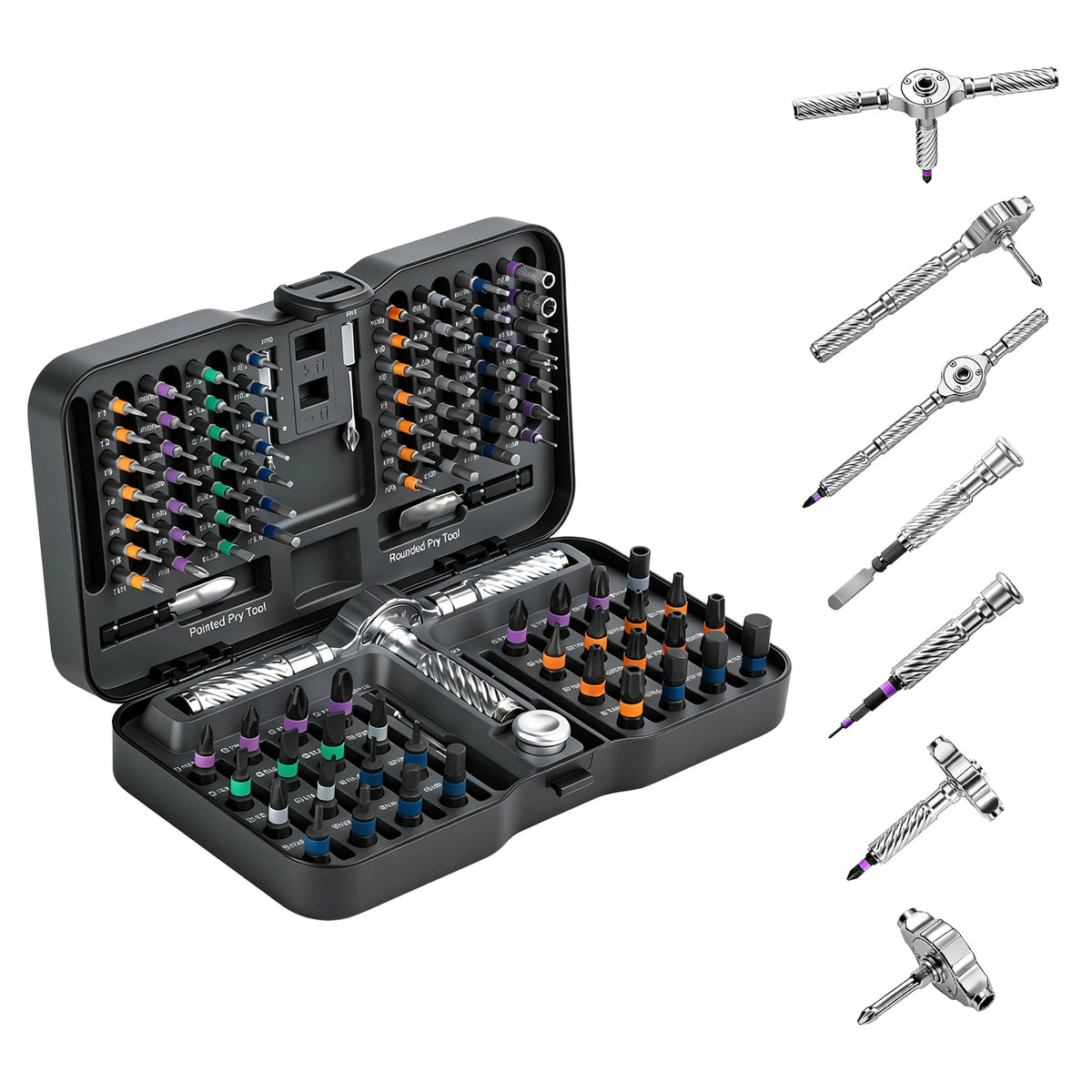 A black 10-in-1 ratchet screwdriver repair kit with various magnetic bits and tools displayed in an open case.