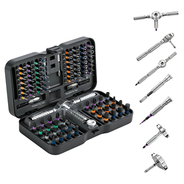 A black 10-in-1 ratchet screwdriver repair kit with various magnetic bits and tools displayed in an open case.