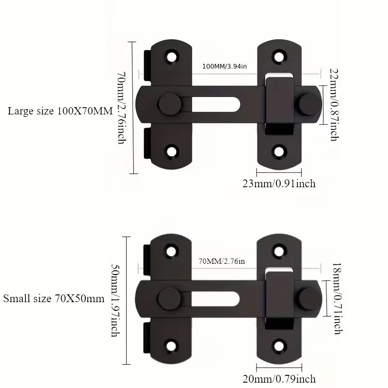 Black stainless steel barn door lock with a rectangular plate and two mounting brackets