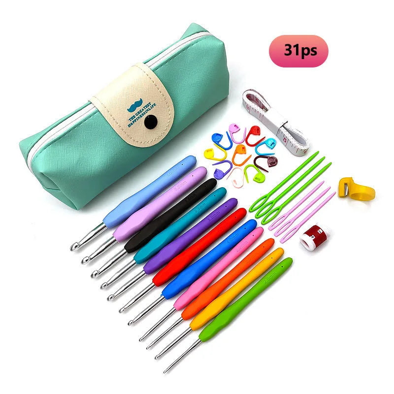 A teal crochet hook set with marking clips and a storage pouch, showing various sizes of hooks.