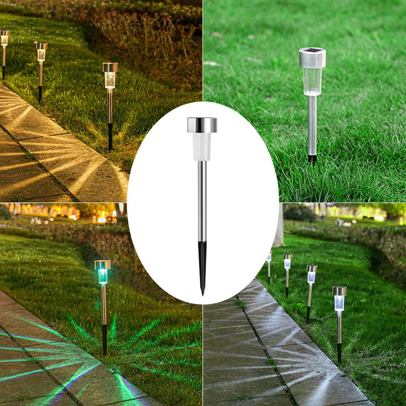 A collection of solar powered outdoor garden lanterns illuminating pathways and garden areas.