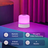 A glowing purple touch night light lamp sitting on a purple surface with control options displayed below.