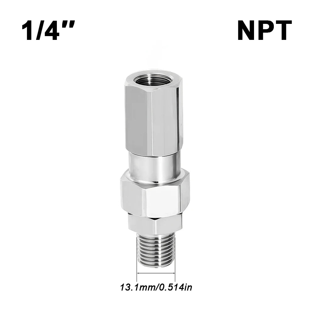 A silver NPT 1/4 inch swivel joint connector with a 13.1mm thread.