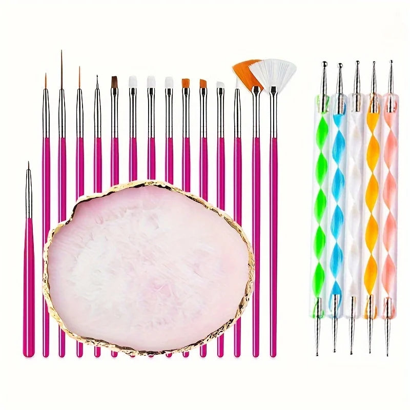 A set of professional nail art brushes featuring various sizes and colors for acrylic and gel applications.