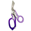 A pair of purple and silver 6-in-1 tactical foldable shears for emergency and EDC use.