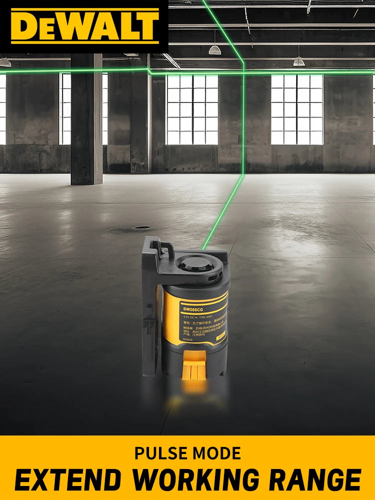 A yellow Dewalt pulse mode laser level tool is shown on a dark industrial floor with green laser lines extending across the s
