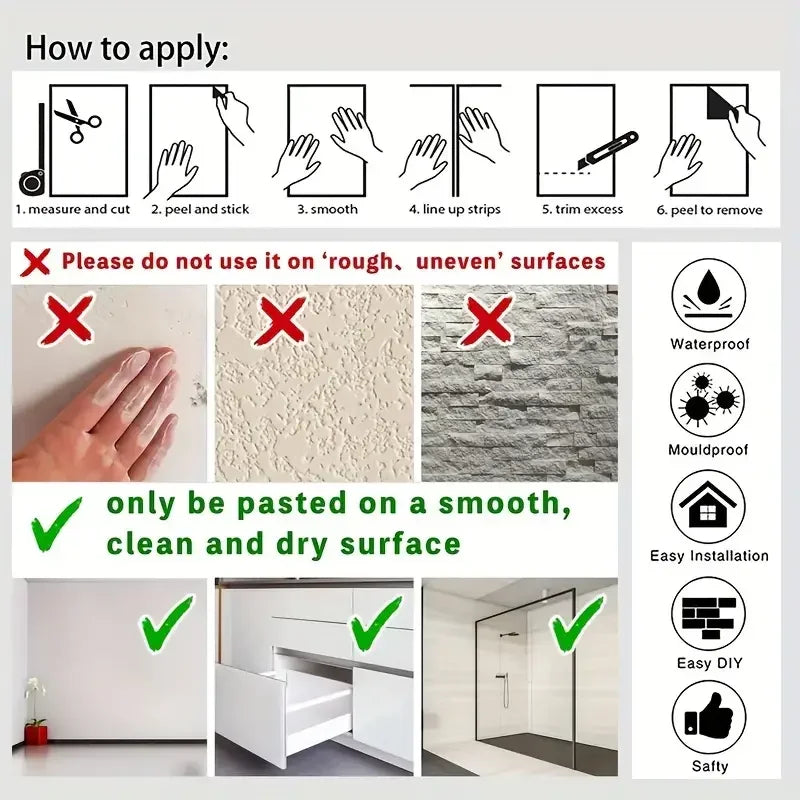 Instructions for applying retro wood grain self-adhesive wall stickers on smooth surfaces.