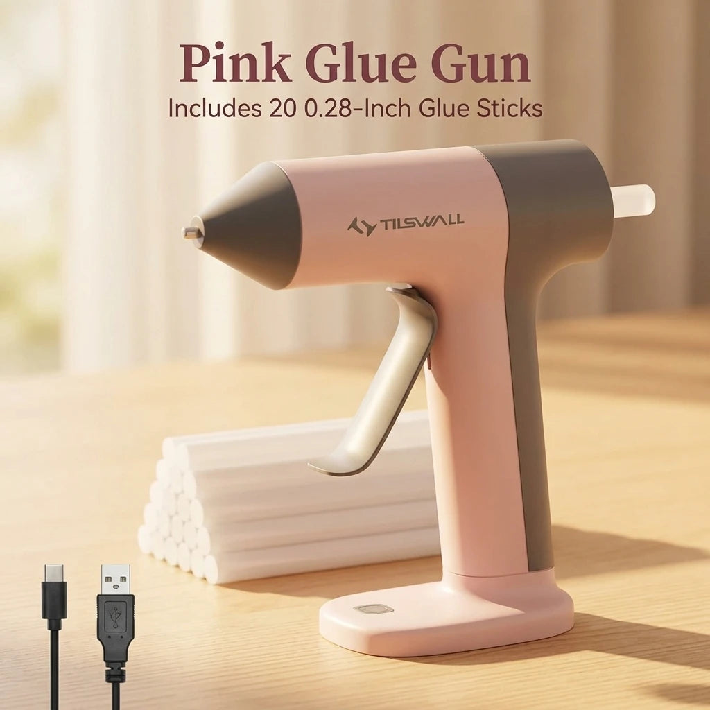 A pink glue gun is shown on a wooden surface with a stack of white glue sticks and an electrical plug nearby.