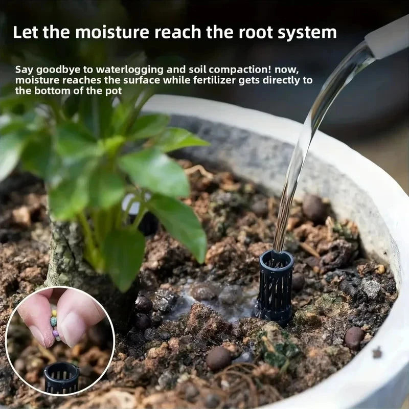 A close-up of a hand inserting plant aeration tubes into potting soil to deliver moisture and fertilizer directly to the root