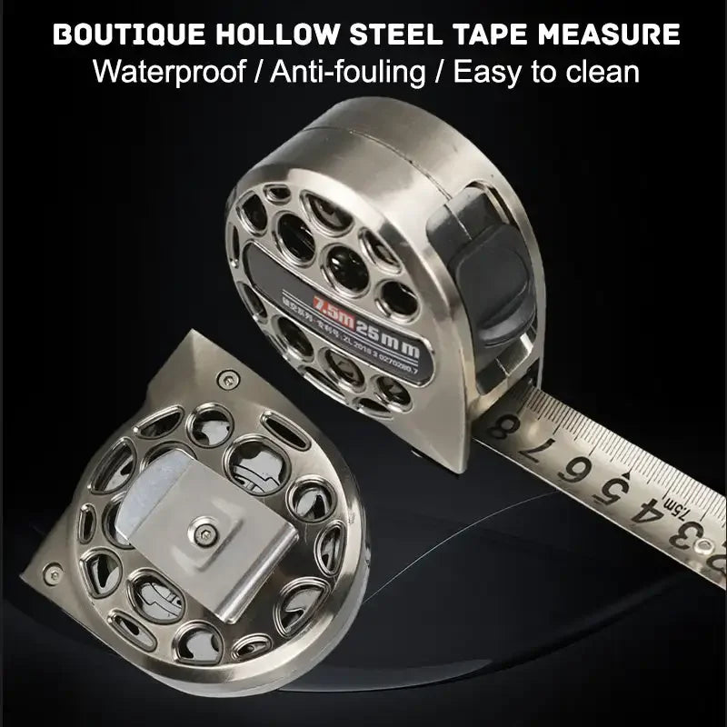 A silver metric tape measure with a hollow steel tape for measuring, shown in close-up.