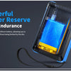 A portable digital oscilloscope with a blue screen and yellow battery pack is shown against a dark background.
