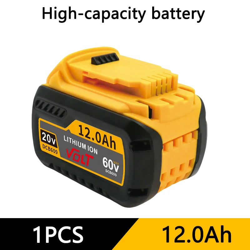 A yellow high-capacity lithium-ion battery pack labeled 20V 12.0Ah for DeWalt power tools.