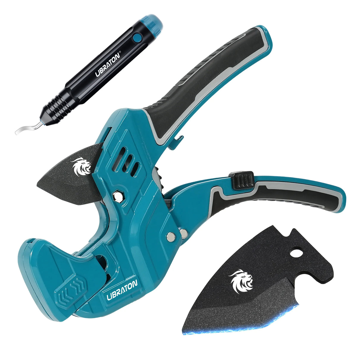 A blue Ubraton heavy-duty PVC pipe cutter and deburring tool with a blade visible.