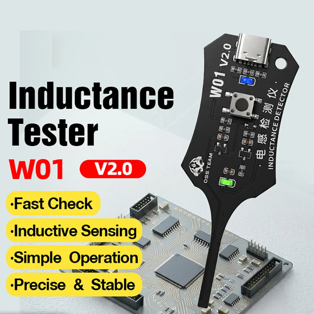 A black W01 V2.0 inductance tester device with a gold-colored probe resting on a green circuit board.