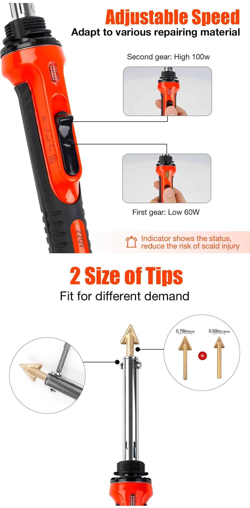 Orange adjustable soldering iron with two tips for repair work