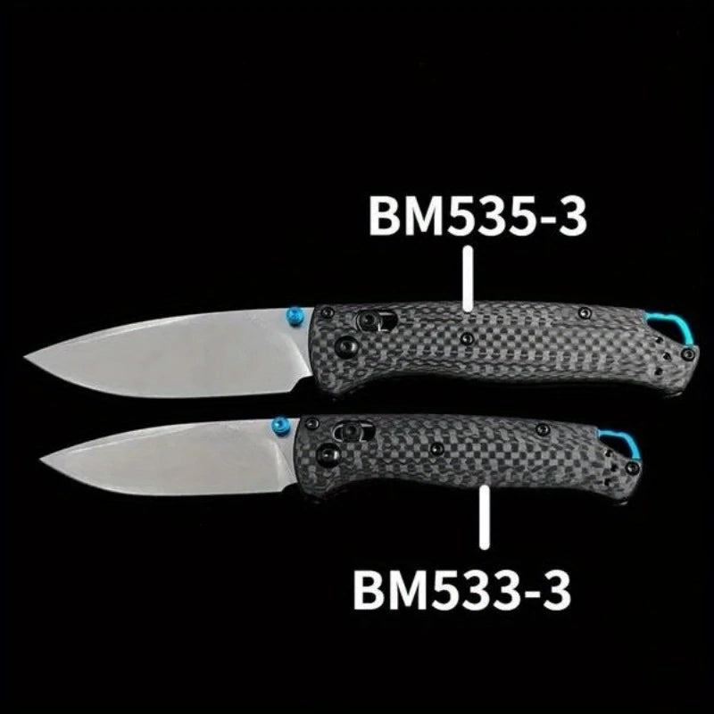 A set of two BM535-3 and BM533-3 folding knives with black carbon fiber handles and silver blades.