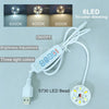 Una cuenta de luz LED blanca con interruptor y cable, mostrada junto a opciones de temperatura de color.