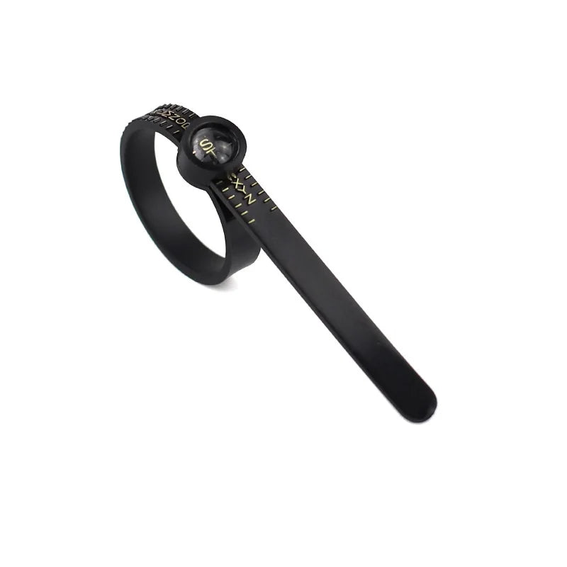A black precision ring sizer with a magnifier and adjustable ring size markings.