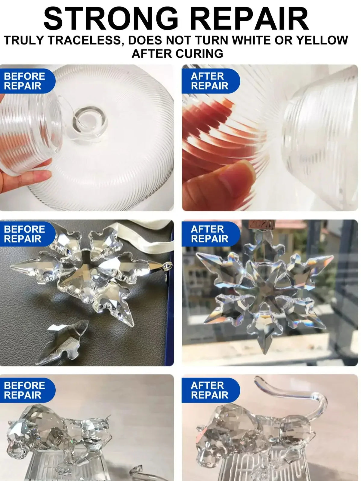 Before and after images showing strong repair of clear glass items using instant super glue stick.