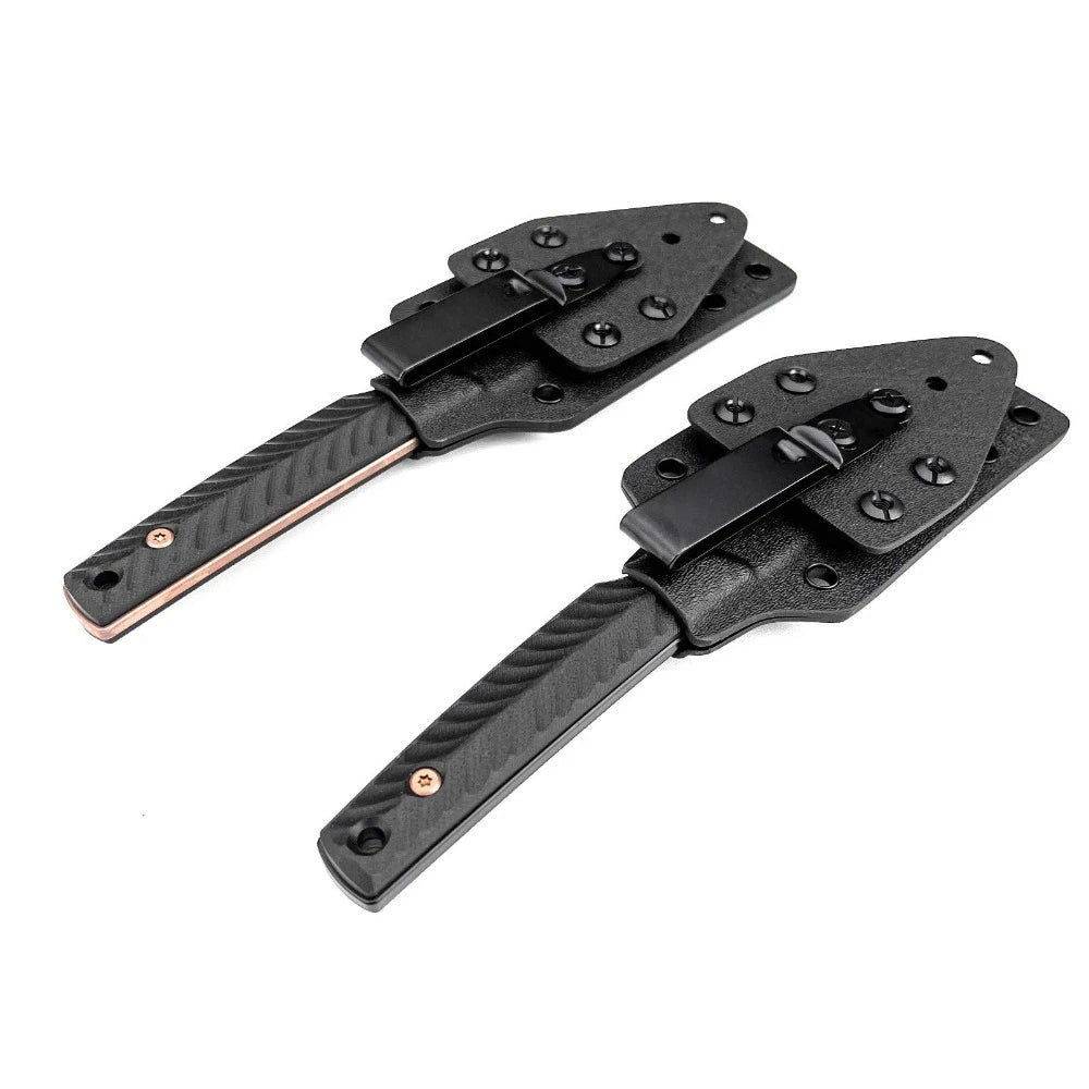 Black full tang fixed blade EDC knife with a black kydex sheath