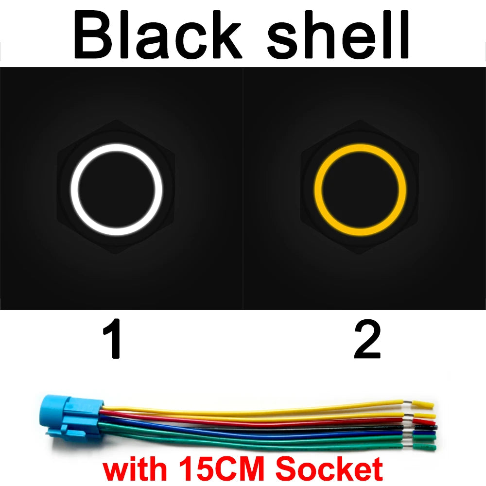 Two black shell LED push button switches, labeled 1 and 2, with a 15cm socket.