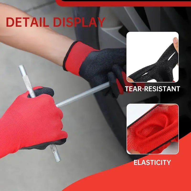 A hand wearing a red glove is demonstrating the tear-resistant elasticity of durable nitrile protective work gloves.