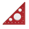 A red triangular ruler with white markings and measurements for imperial and metric units.