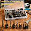 An open kit of threaded rivet nuts and rivets in various sizes, including M3 to M8, laid out on a wooden surface.