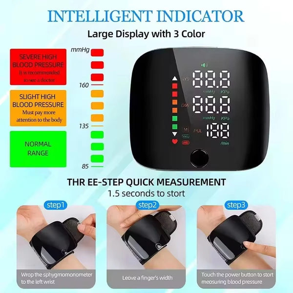 A black intelligent indicator blood pressure monitor device shown with instructions for use.