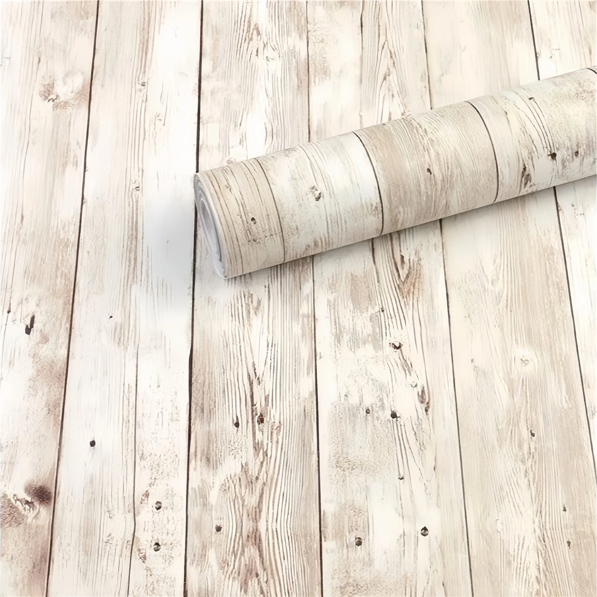 A roll of retro wood grain self-adhesive wall stickers lying on a light wooden floor.