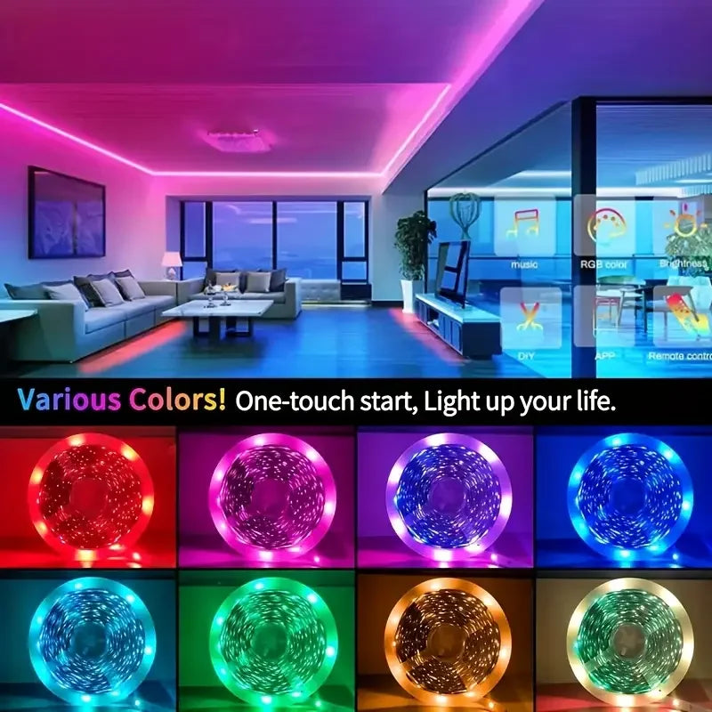 Various colors of flexible RGB LED strip lights illuminating a modern room and various circular light patterns.