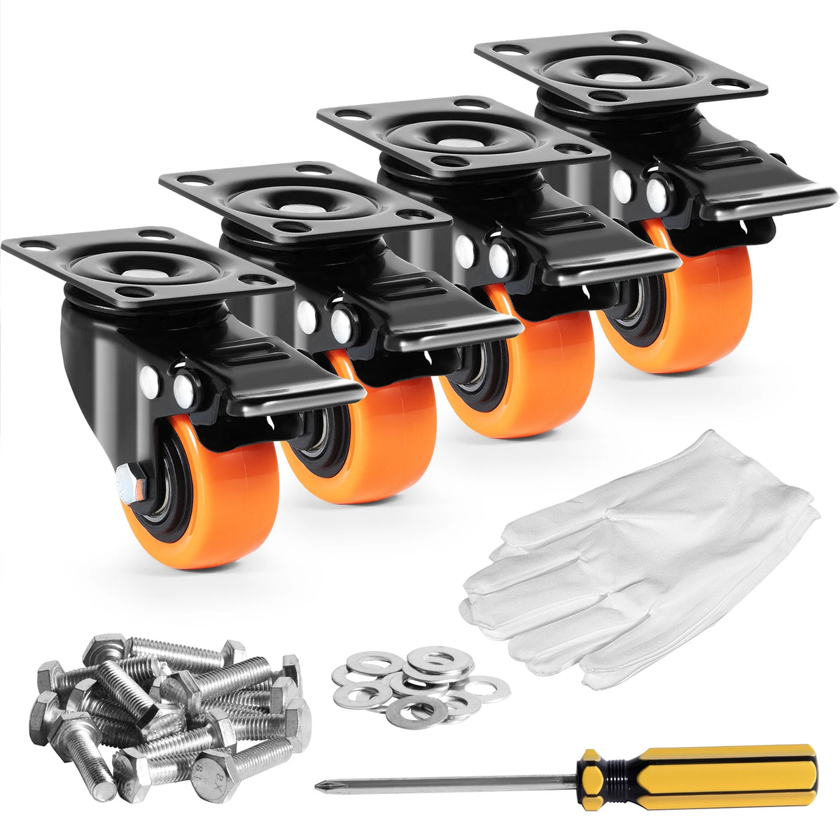 Set of four adjustable swivel plate casters with black and orange components and included tools