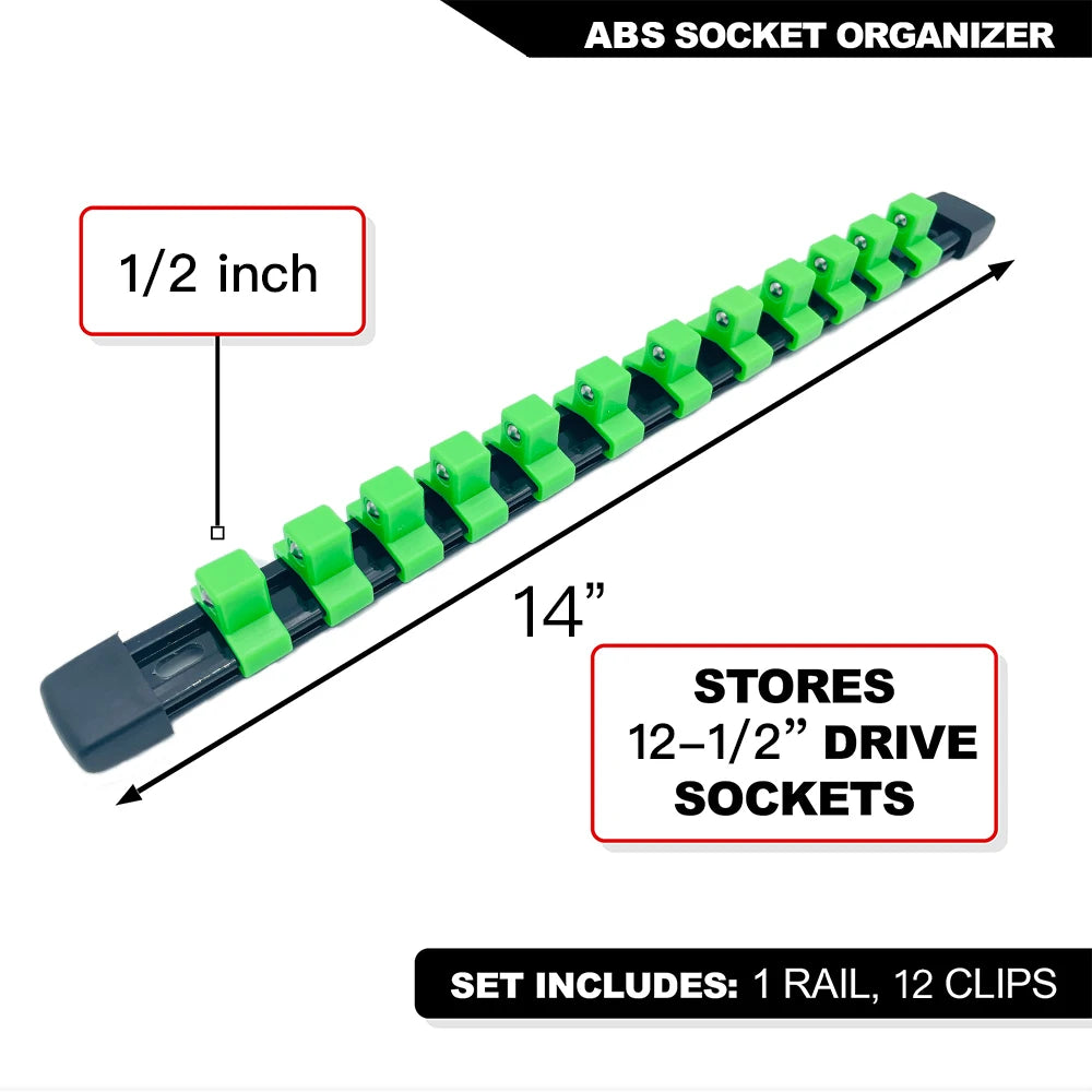 ABS socket organizer rail with 12 clips for storing 1/2 inch drive sockets