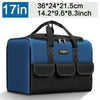 A dark blue and black heavy duty multi-compartment tool organizer bag with a carrying handle.