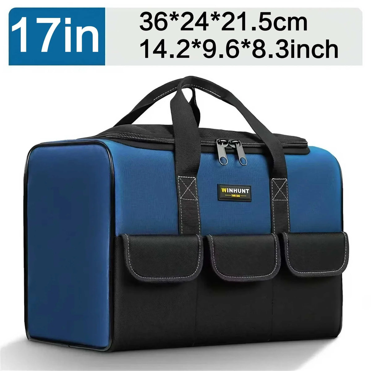 A dark blue and black heavy duty multi-compartment tool organizer bag with a carrying handle.