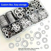 A clear plastic box containing a set of stainless steel flat washers for easy storage and identification.
