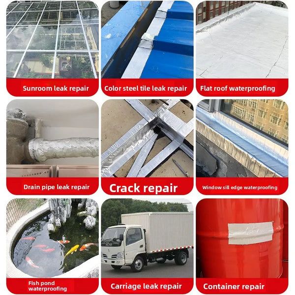 A collage showing various repairs including sunroom leak repair, color steel tile leak repair, crack repair, drain pipe leak 