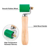 A wooden handle tool with a smooth green rubber wheel and a silicone component for high temperature resistance.
