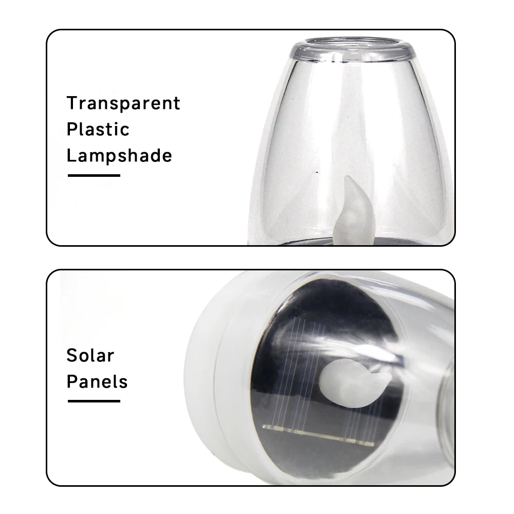 Pantalla de plástico transparente y paneles solares para una linterna de vela para jardín sin llama.