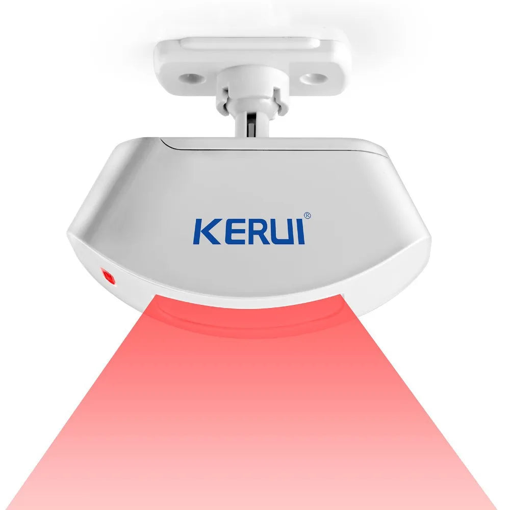 A white wireless infrared curtain security sensor device with a translucent pink light beam emitted below.