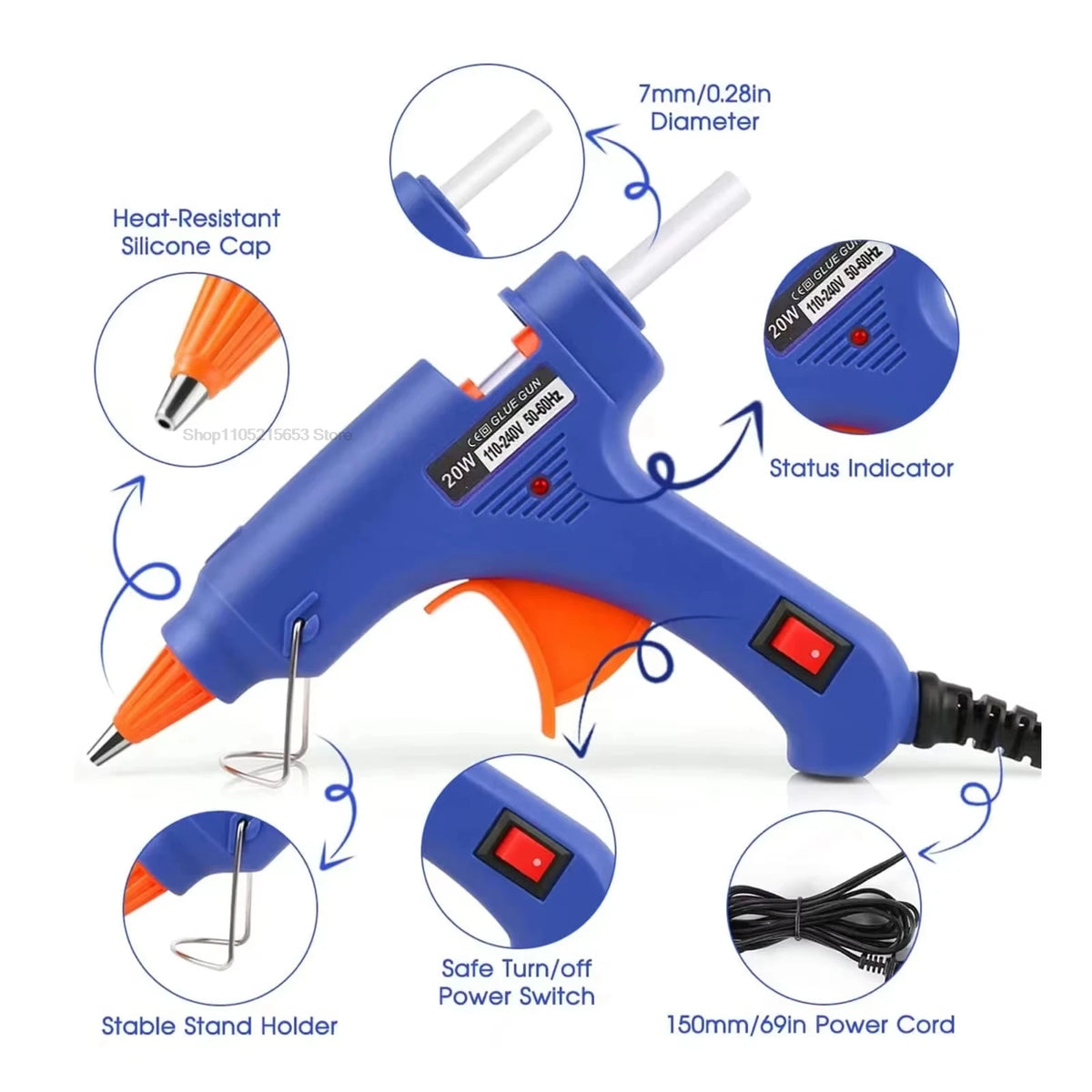 Blue hot melt glue gun with a silicone cap, stand holder, and power cord, showing various components.
